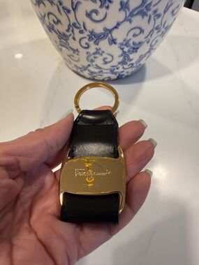 Salvatore Ferragamo Black Leather and Gold Tone Key Holder